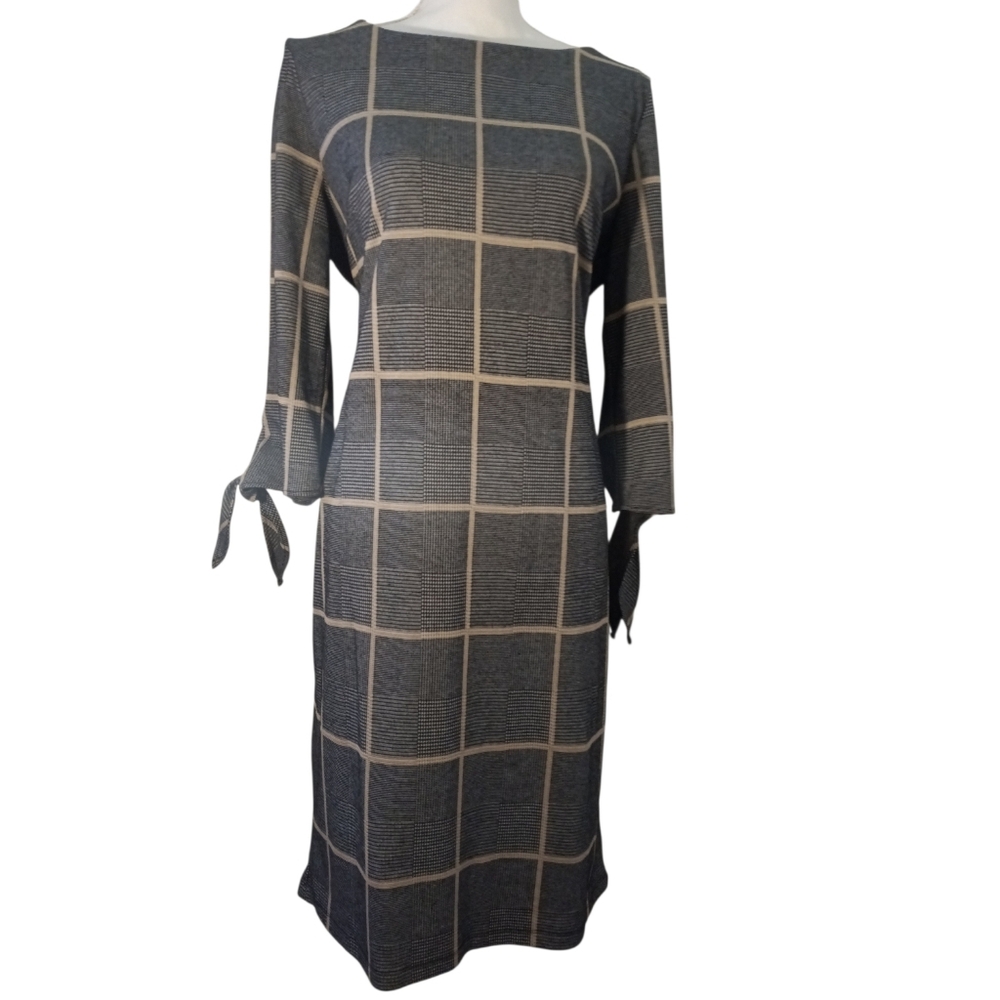 Liz Claiborne Gray Plaid Midi Dress With Tie Sleeves Size 12